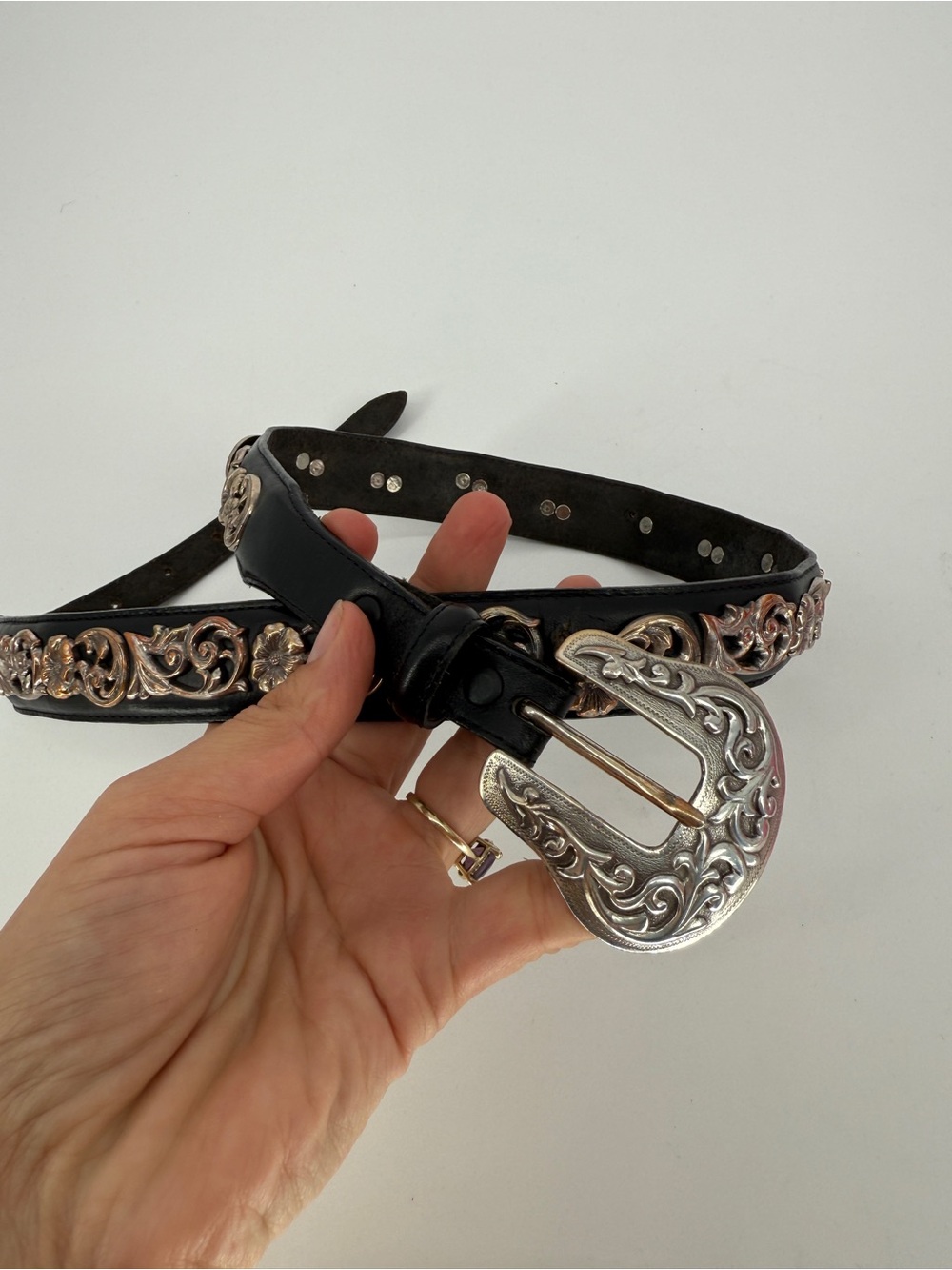 Vintage Tony Lama Black Silver Belt